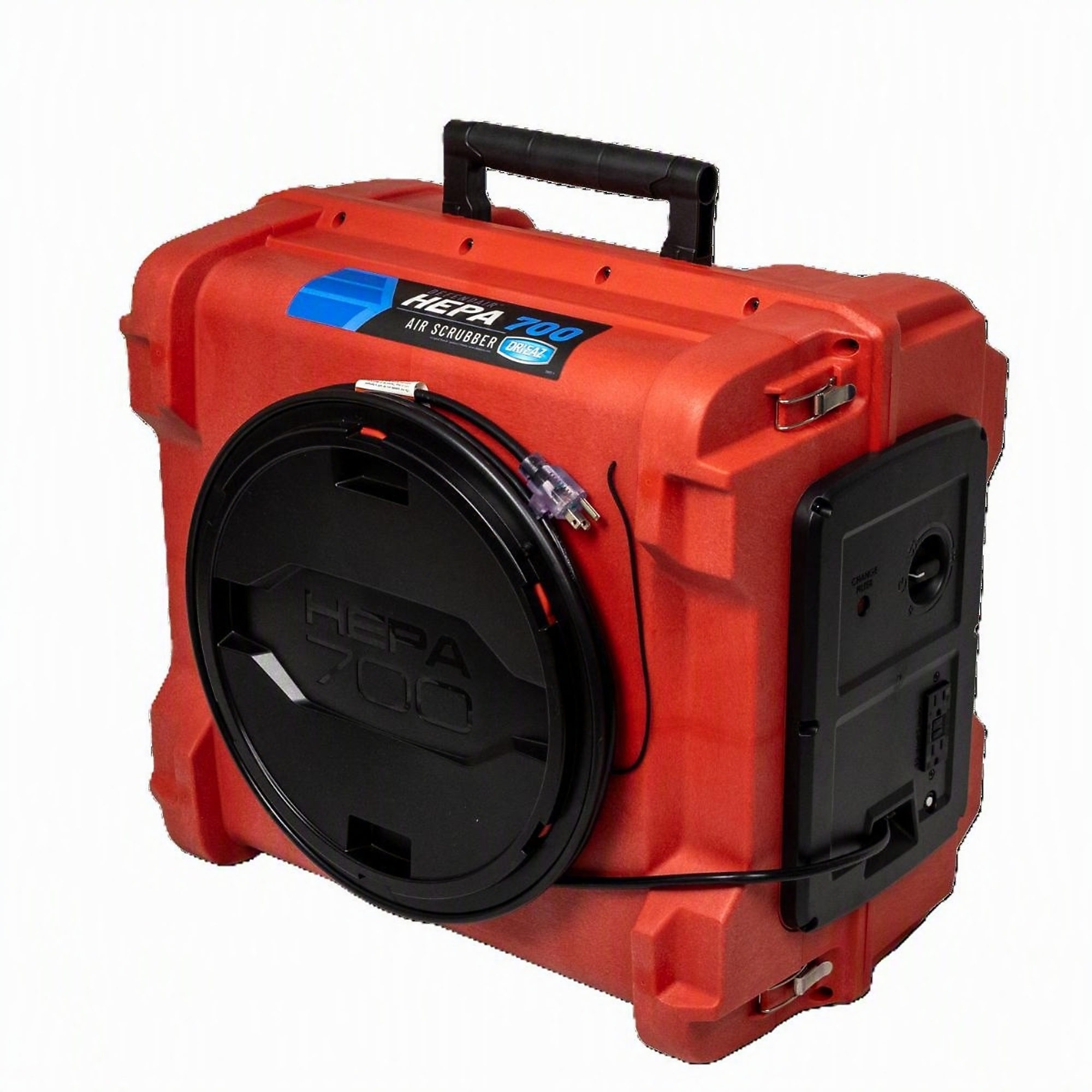 Dri-Eaz, Defendair HEPA 700 Air Scrubber RED, Model # 129127 captures 99.99% of airborne particles as small as 0.1 microns including mold spores, dust, and fine particulates at variable airflow rates from 275 to 700 CFM.